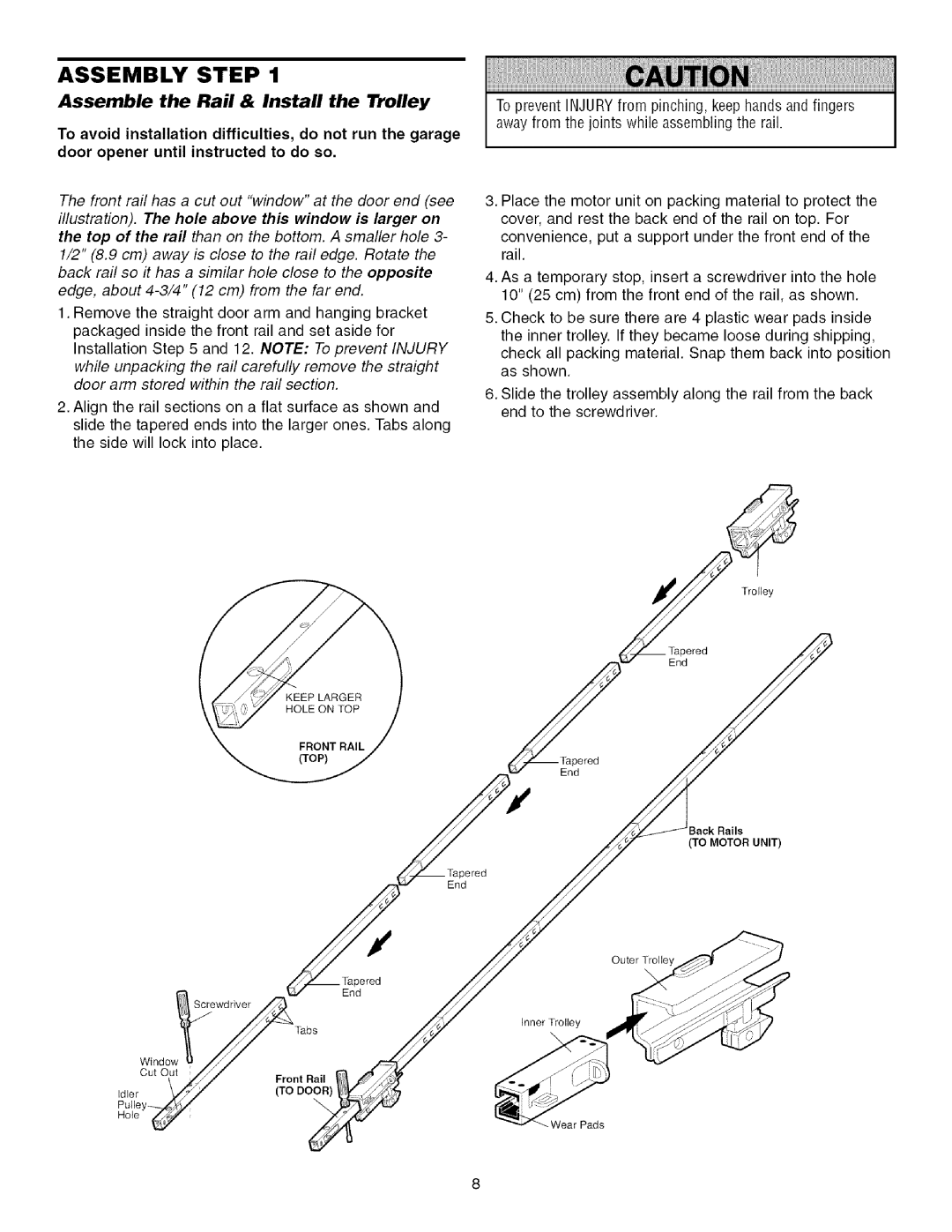 Sears 139.53915D owner manual Assembly Step, Assemble the Rail & Install the Trolley 