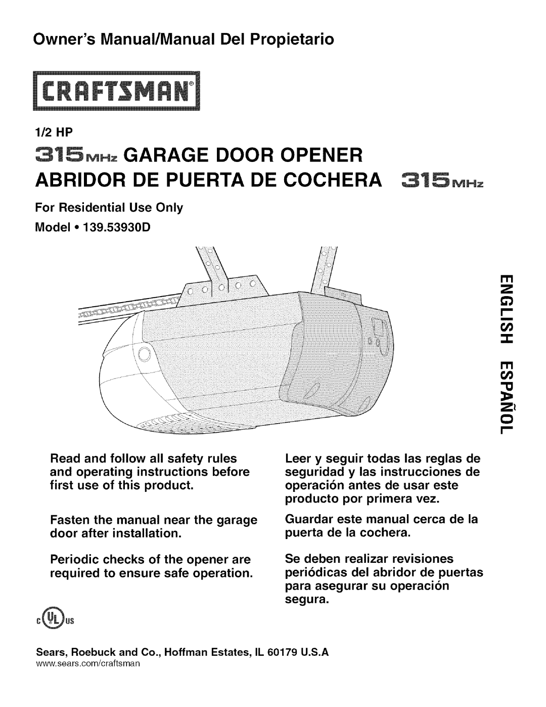 Sears 139.53930D owner manual 315N= Garage Door Opener Abridor DE Puerta DE Cochera 315.= 