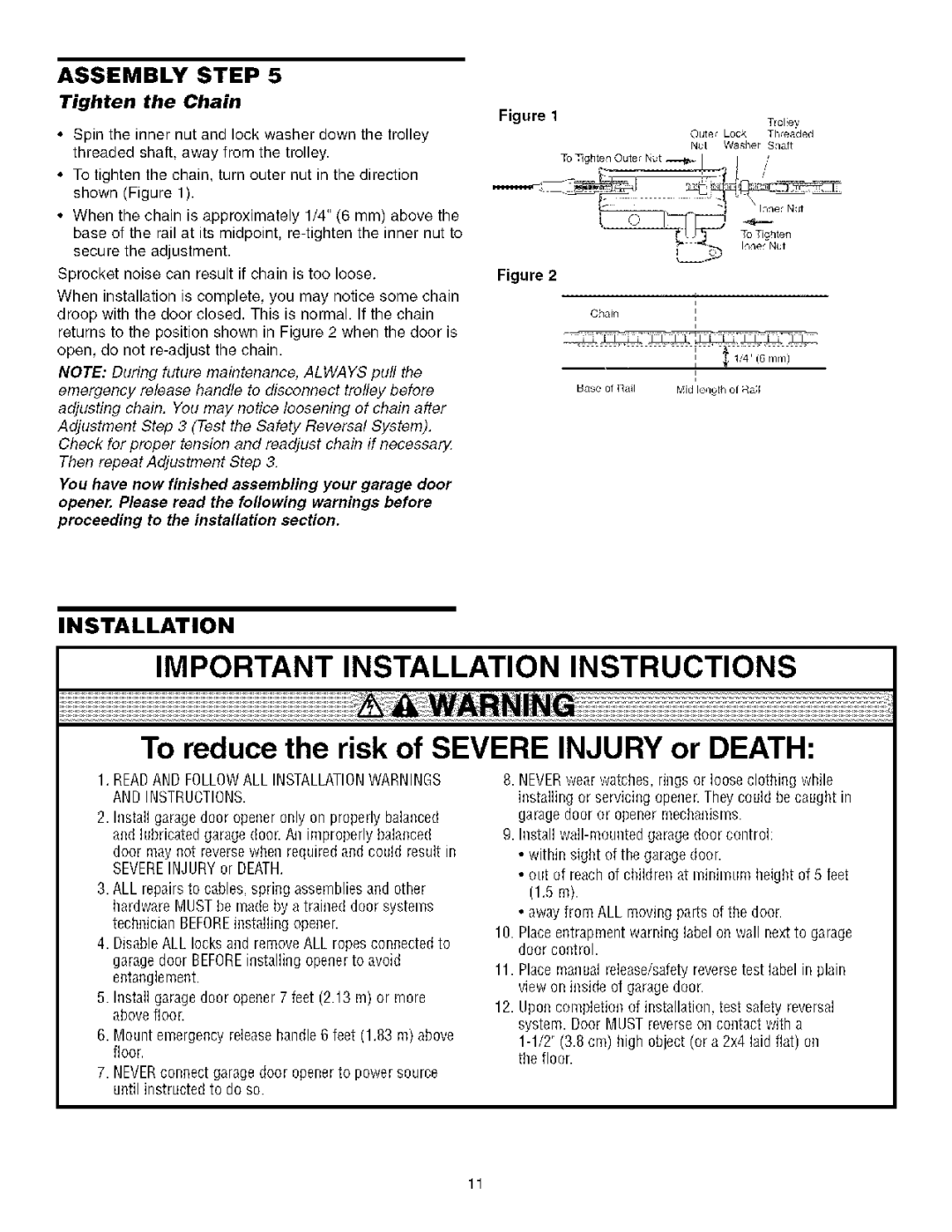 Sears 139.53930D owner manual Tighten Chain, Readand Followall Installationwarnings and Instructions 