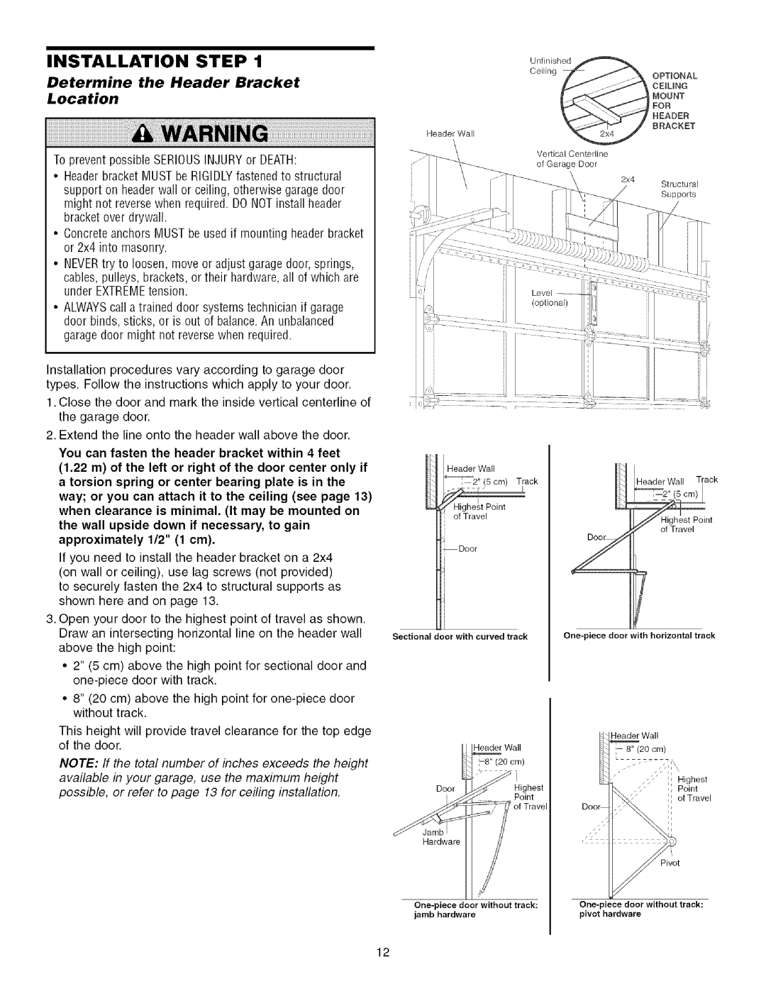 Sears 139.53930D owner manual Installation Step, Determine the Header Bracket Location 