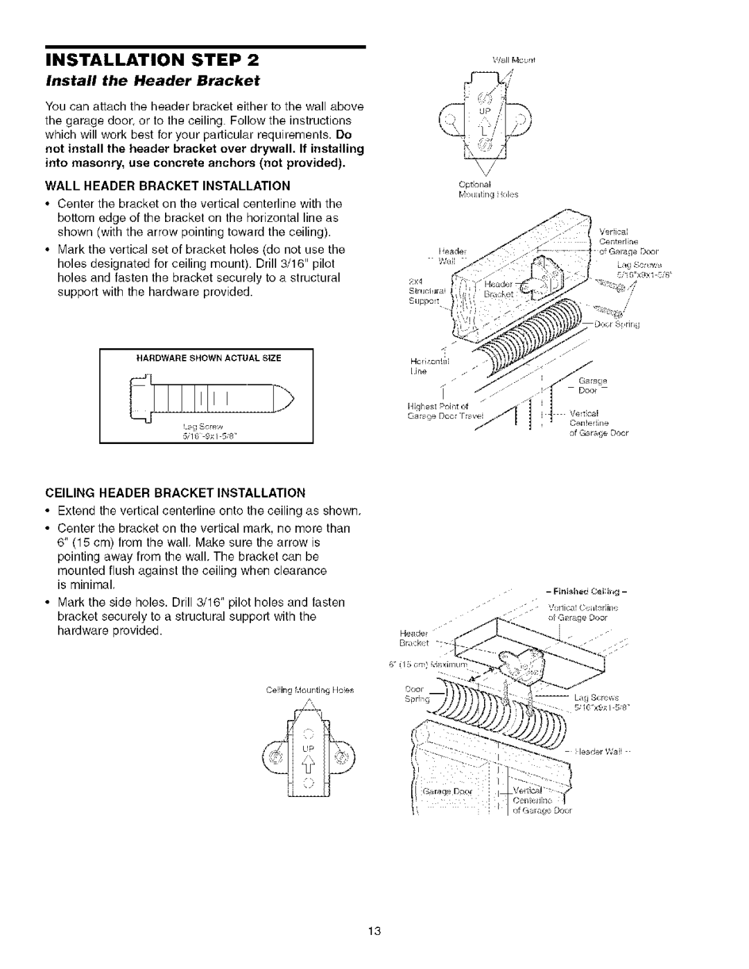 Sears 139.53930D Install the Header Bracket, Wall Header Bracket Installation, Ceiling Header Bracket Installation 