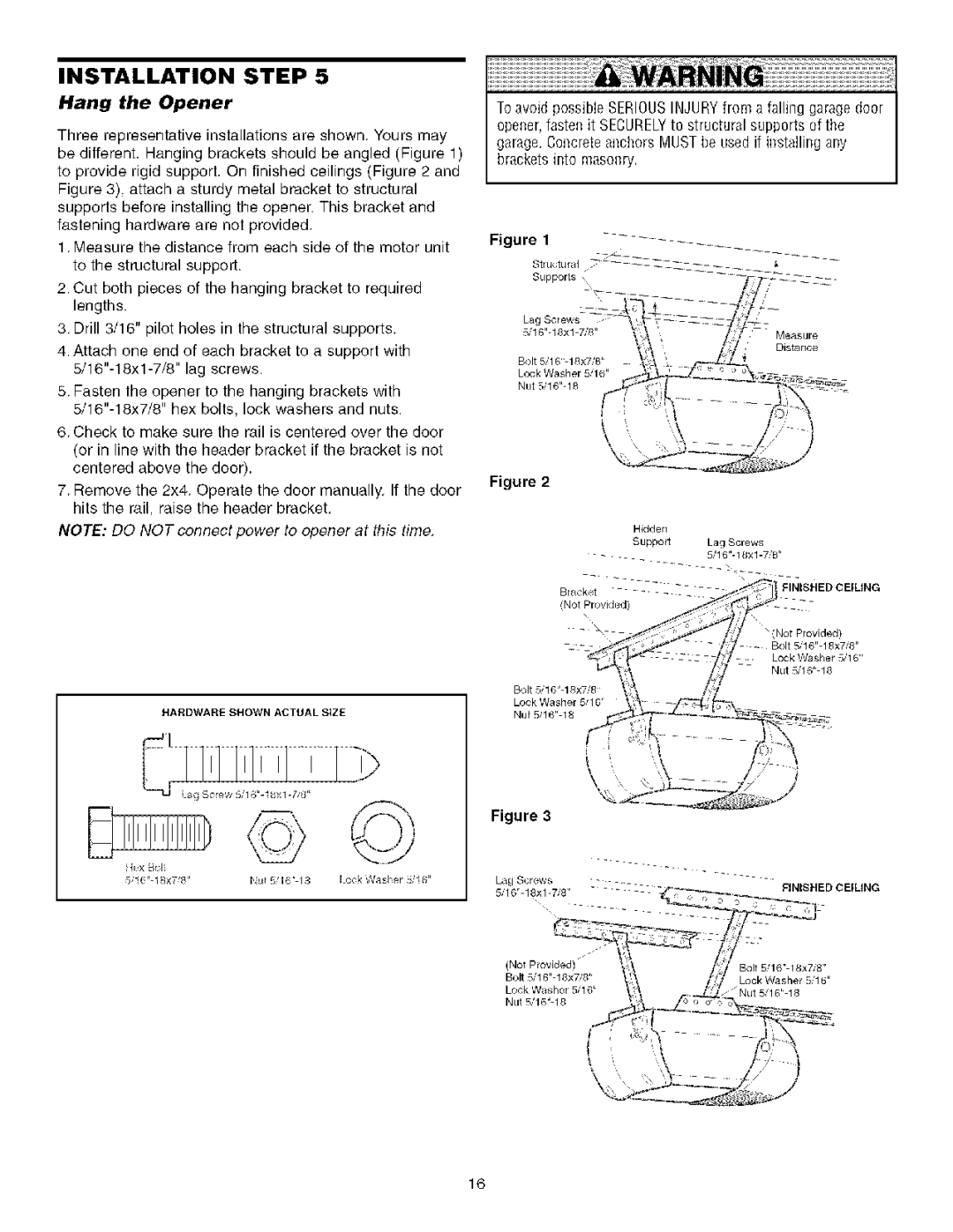 Sears 139.53930D owner manual Hang the Opener, Finished Ceiling 