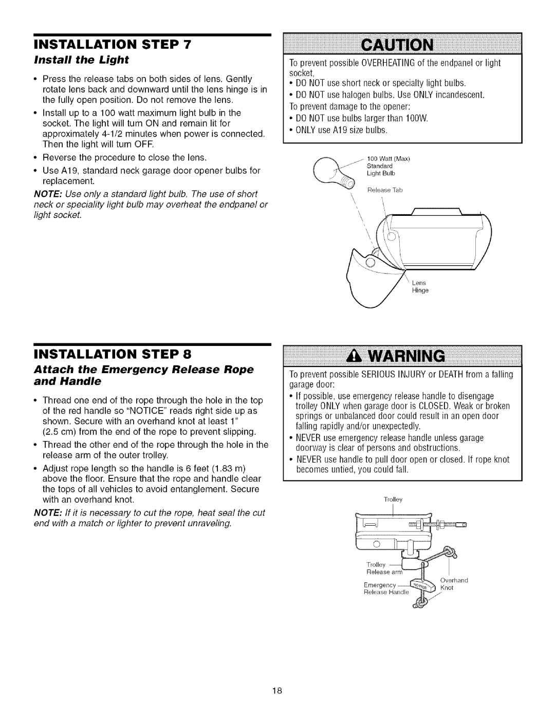 Sears 139.53930D owner manual Install the Light, Attach the Emergency Release Rope and Handle 