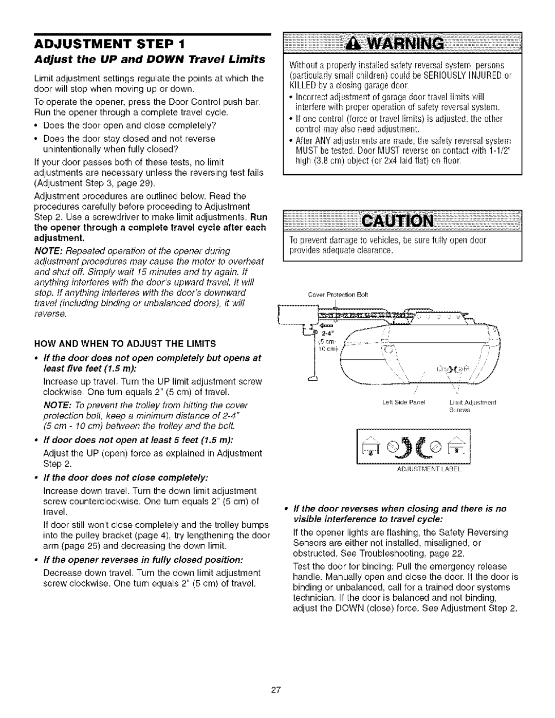 Sears 139.53930D Adjustment Step, Adjust the UP and Down Travel Limits, If door does not open at least 5 feet 1.5 m 