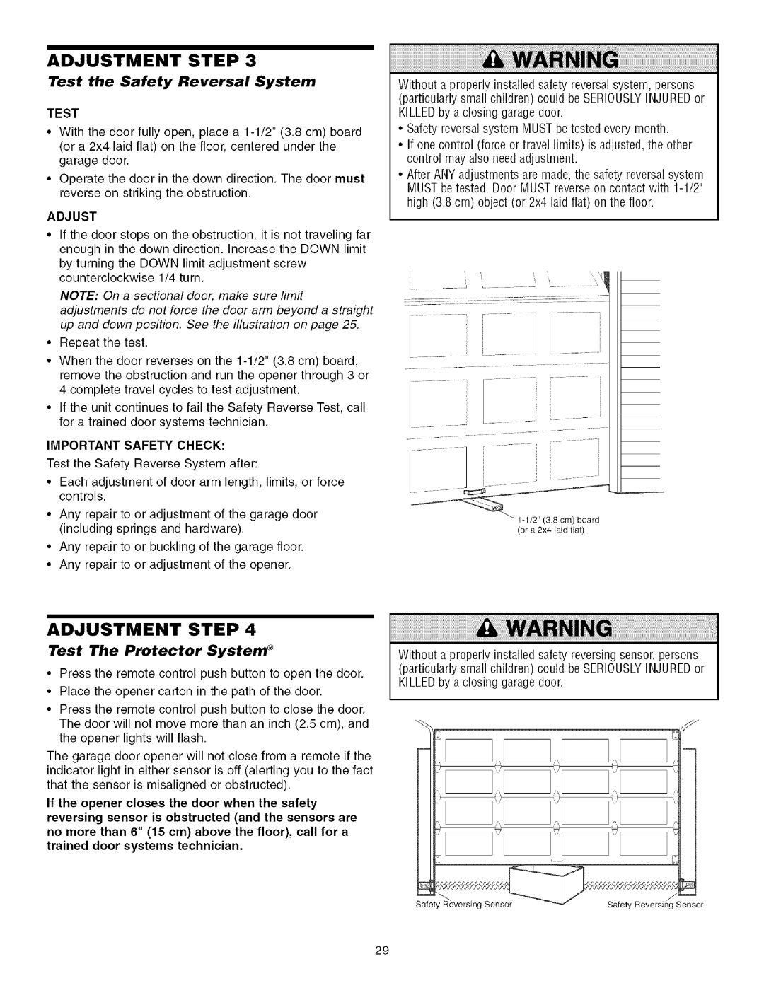 Sears 139.53930D owner manual Test the Safety Reversal System, Test The Protector System, Adjust, Important Safety Check 