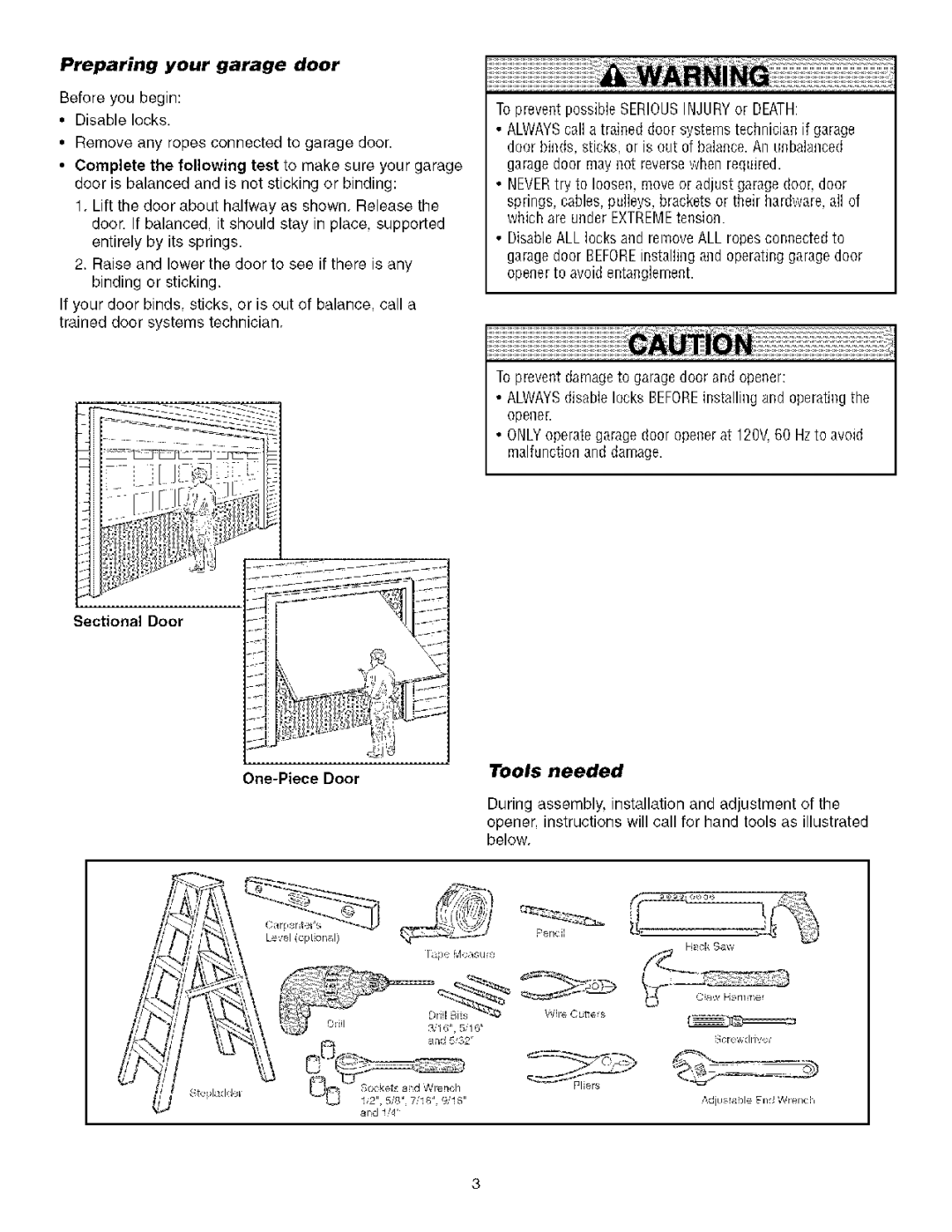 Sears 139.53930D owner manual Tools needed, Preparing your garage door 