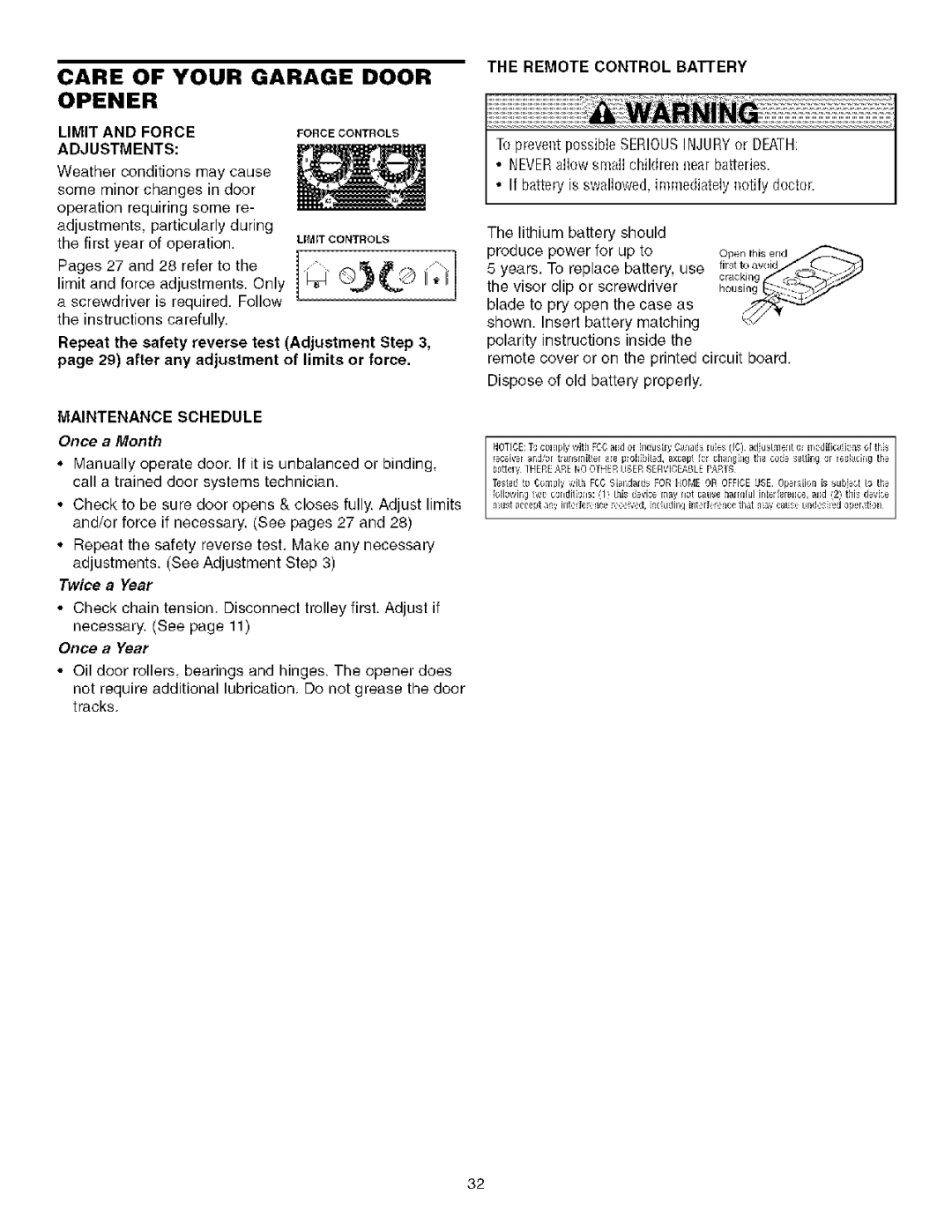 Sears 139.53930D owner manual Care of Your Garage Door Opener, Adjustments, Remote Control Battery 