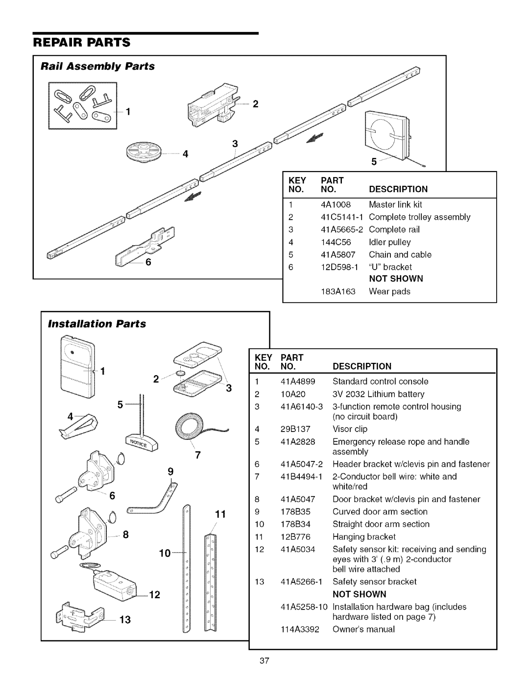 Sears 139.53930D owner manual Repair Parts, Rail Assembly Parts, Installation Parts, KEY Part Description, Key 