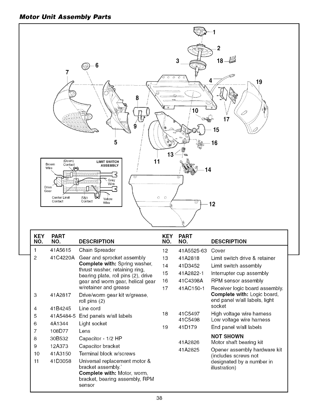 Sears 139.53930D owner manual Motor Unit Assembly Parts, KEY Part NO. no, KEY Part Description 