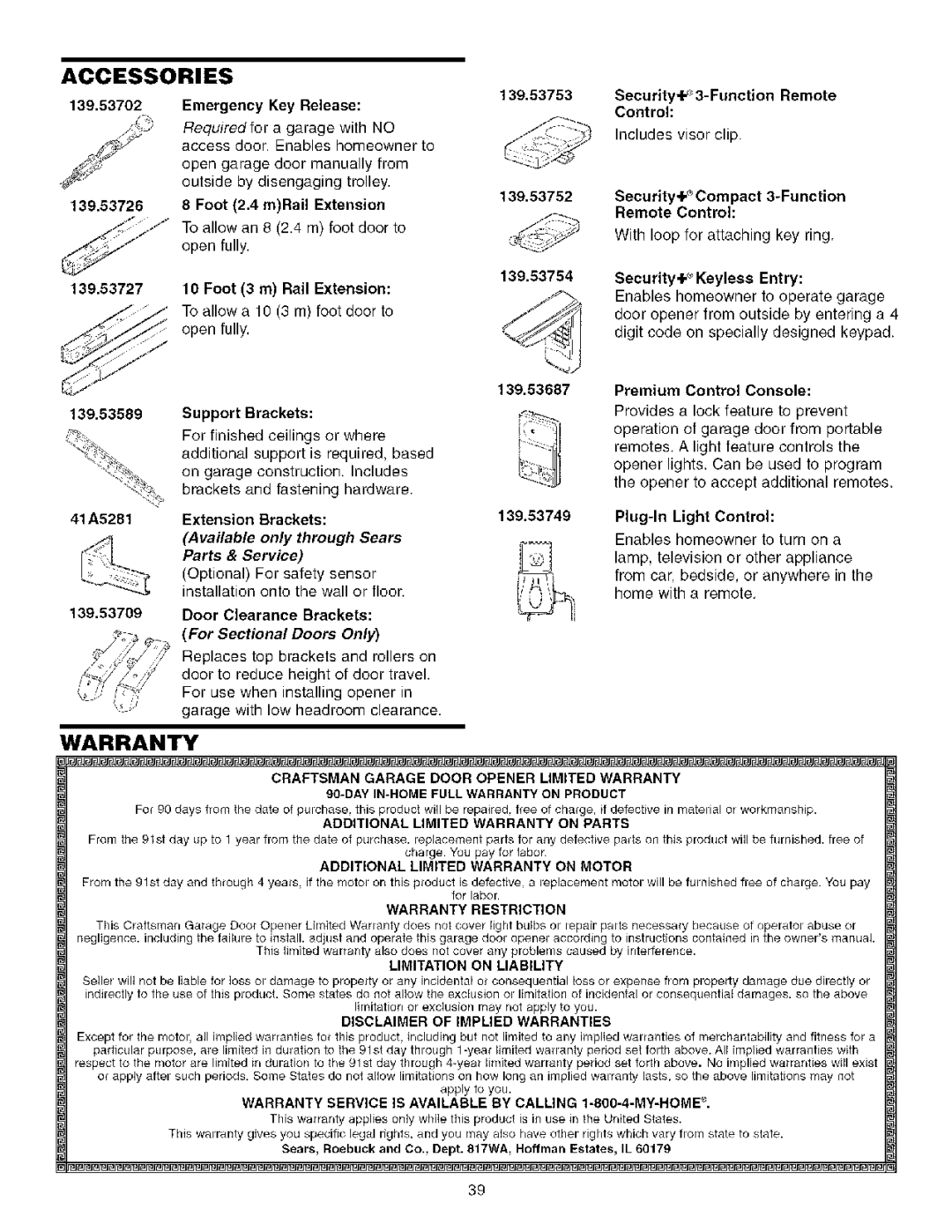 Sears 139.53930D owner manual Accessories, Warranty 