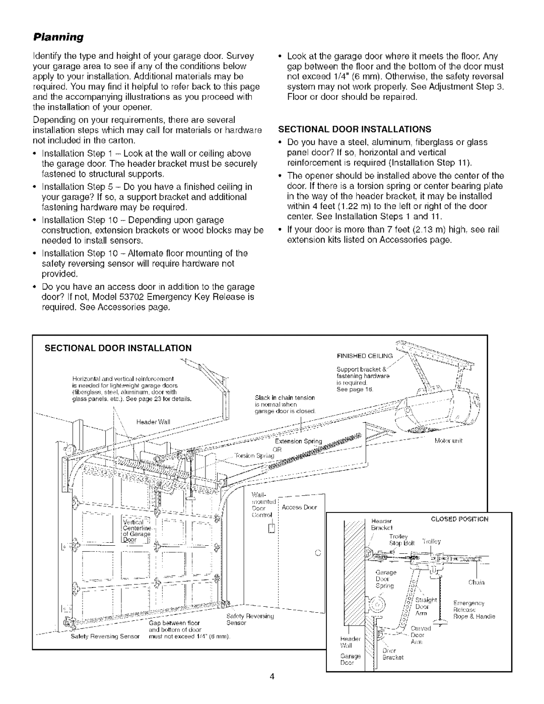 Sears 139.53930D owner manual Planning, Sectional Door Installations 