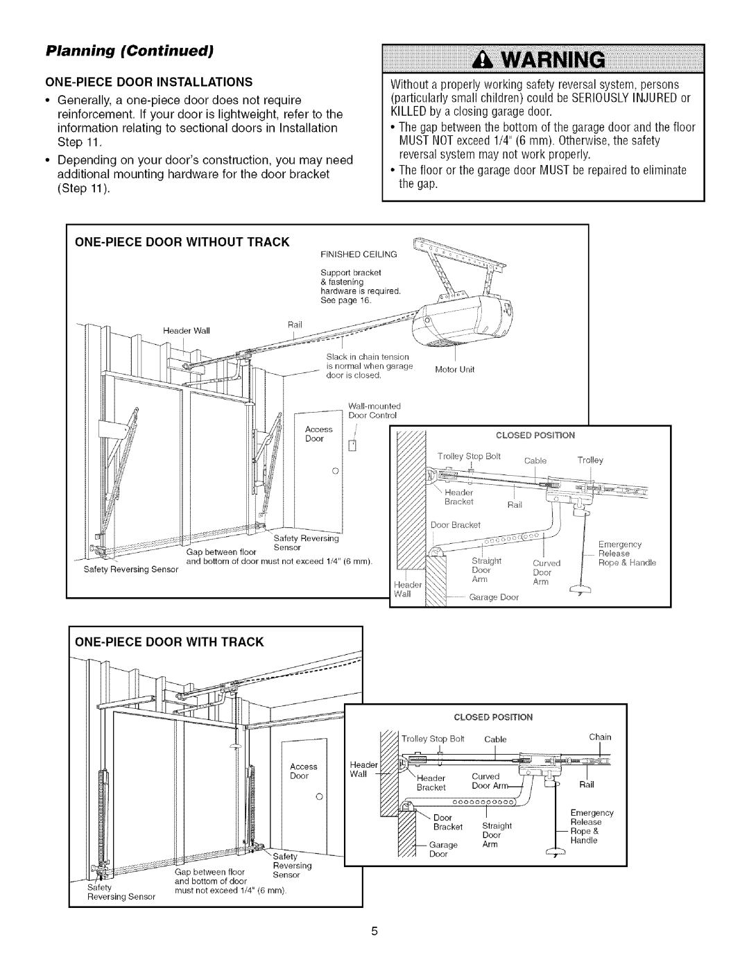 Sears 139.53930D owner manual ONE-PIECE Door Installations, ONE-PIECE Door Without Track, ONE-PIECE Door with Track 