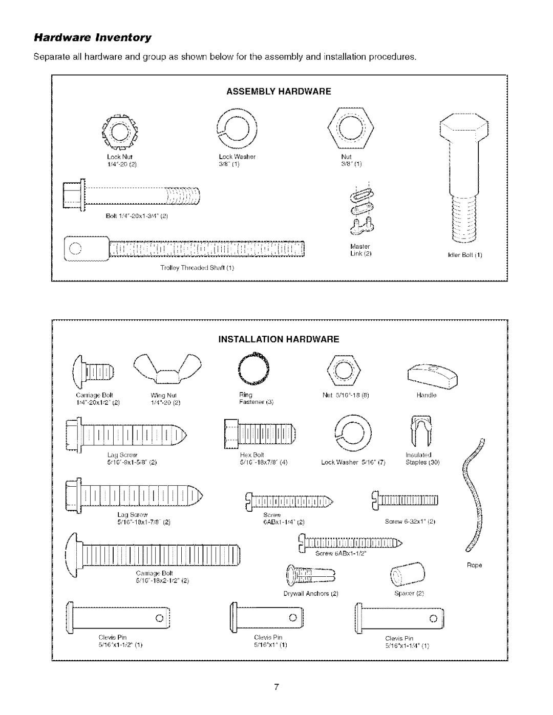 Sears 139.53930D owner manual Hardware Inventory, Assembly Hardware, Installation Hardware 