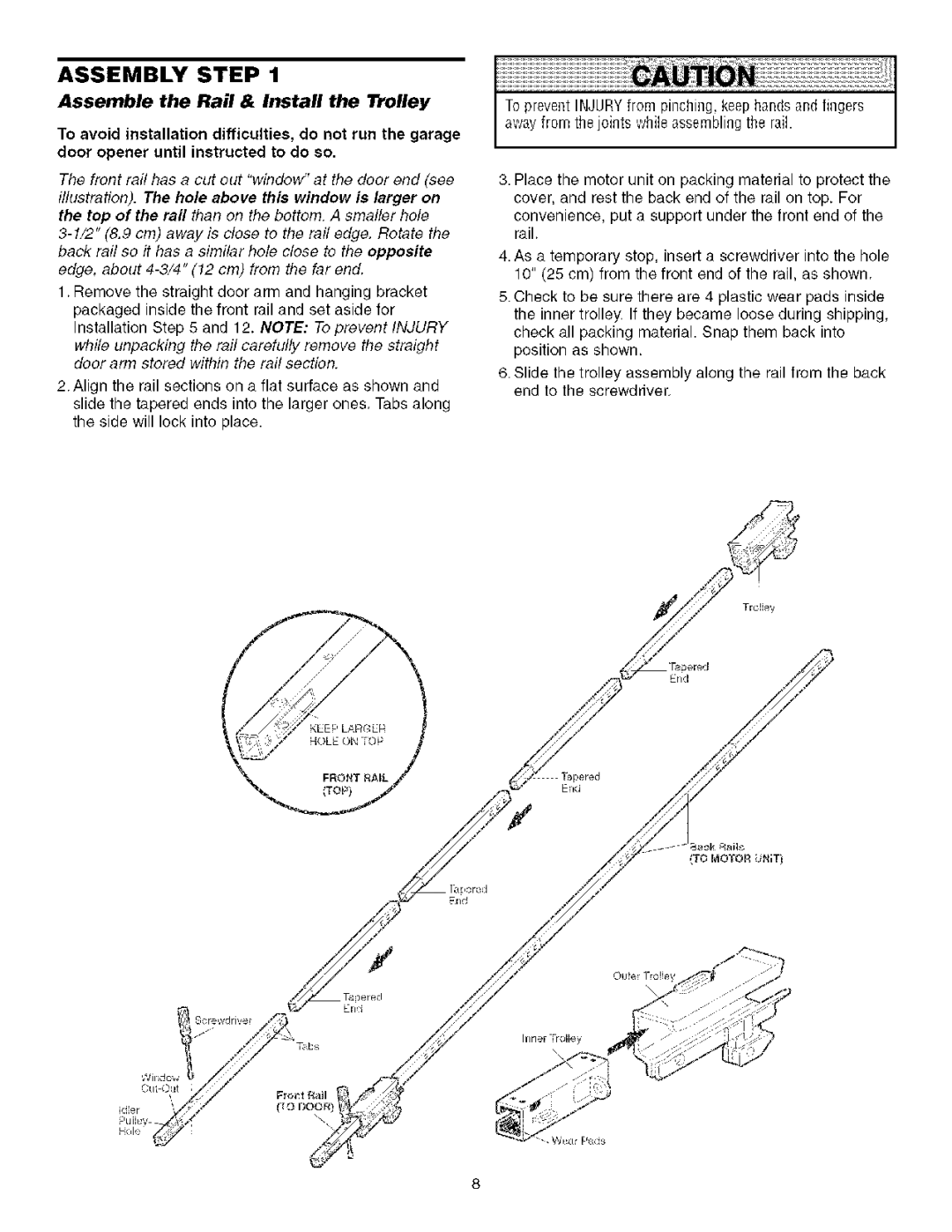 Sears 139.53930D owner manual Assembly Step, Assemble the Rail & Install the Trolley 