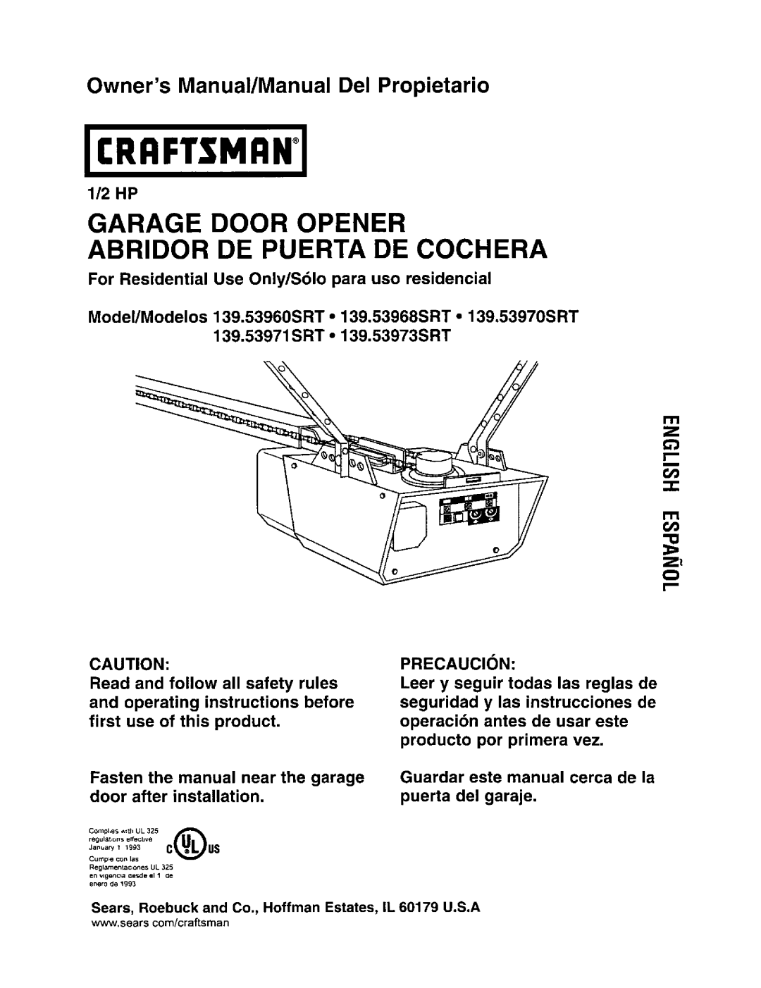 Sears 139.53968SRT, 139.53960SRT, 139.53971SRT owner manual Garage Door Opener Abridor DE Puerta DE Cochera 