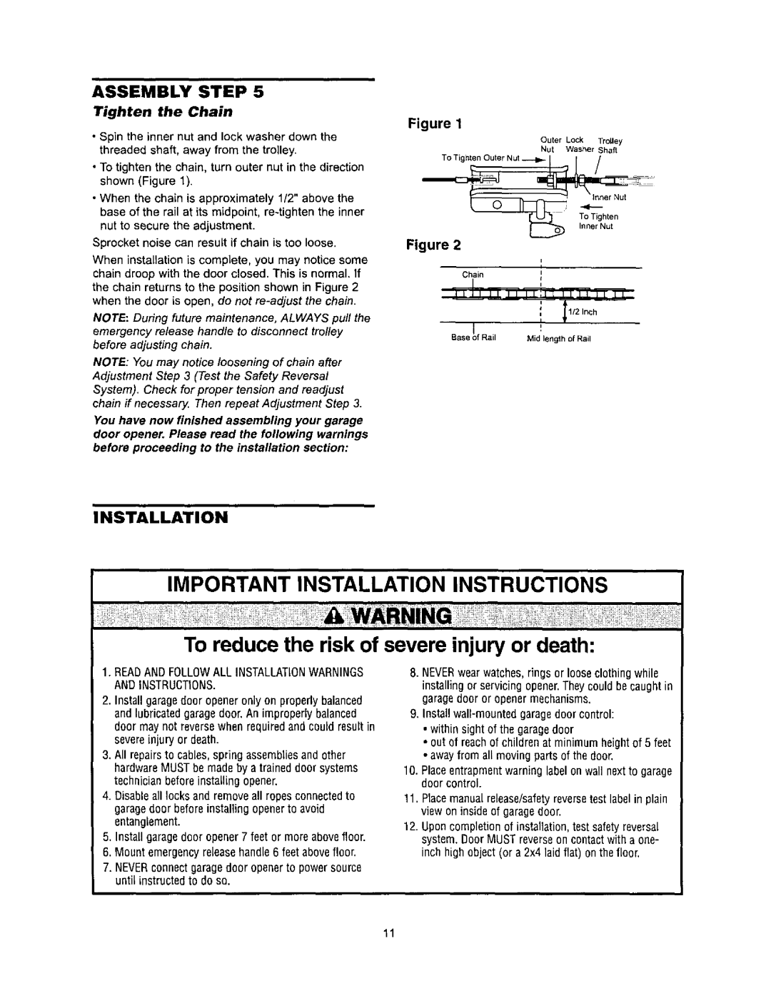 Sears 139.53971SRT, 139.53960SRT, 139.53968SRT owner manual Tighten the Chain, II/2 Inch, Base fRail Mid length of Rail 