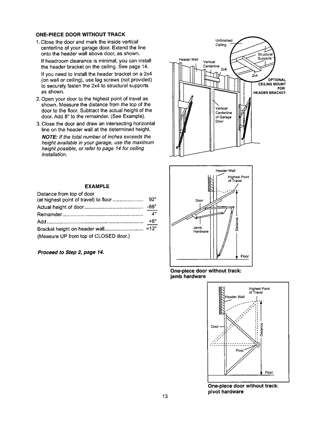 Sears 139.53968SRT, 139.53960SRT Example, Proceed toStep, One-piece door without track jamb hardware, Centerline 