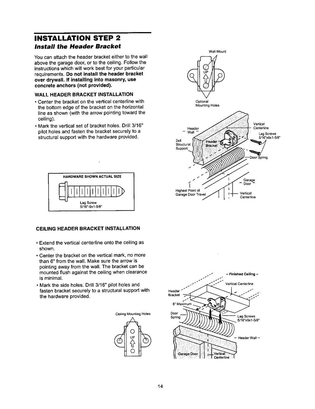 Sears 139.53971SRT, 139.53960SRT, 139.53968SRT Wall Header Bracket Installation, Ceiling Header Bracket Installation 