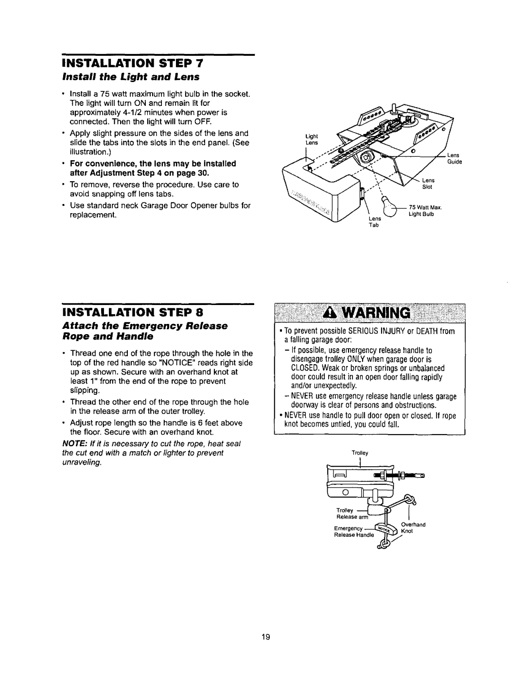 Sears 139.53968SRT, 139.53960SRT, 139.53971SRT Attach the Emergency Release Rope and Handle, Lens Guide, Overhand 