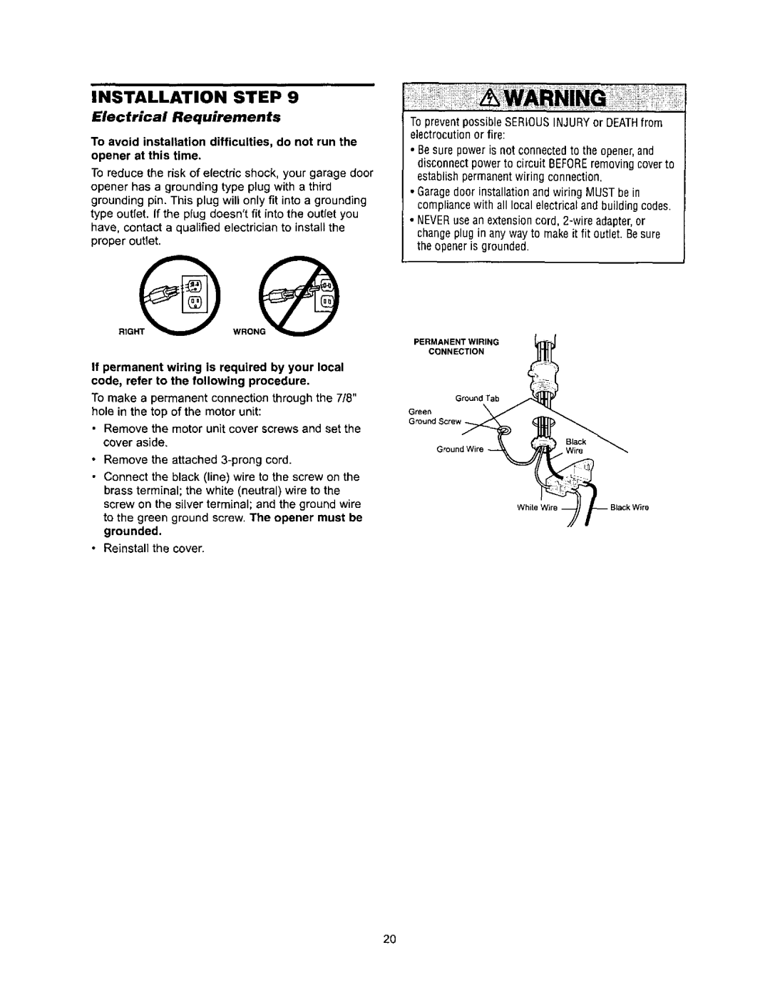 Sears 139.53971SRT, 139.53960SRT, 139.53968SRT Electrical Requirements, Reinstall the cover, Permanent Wiring Connection 