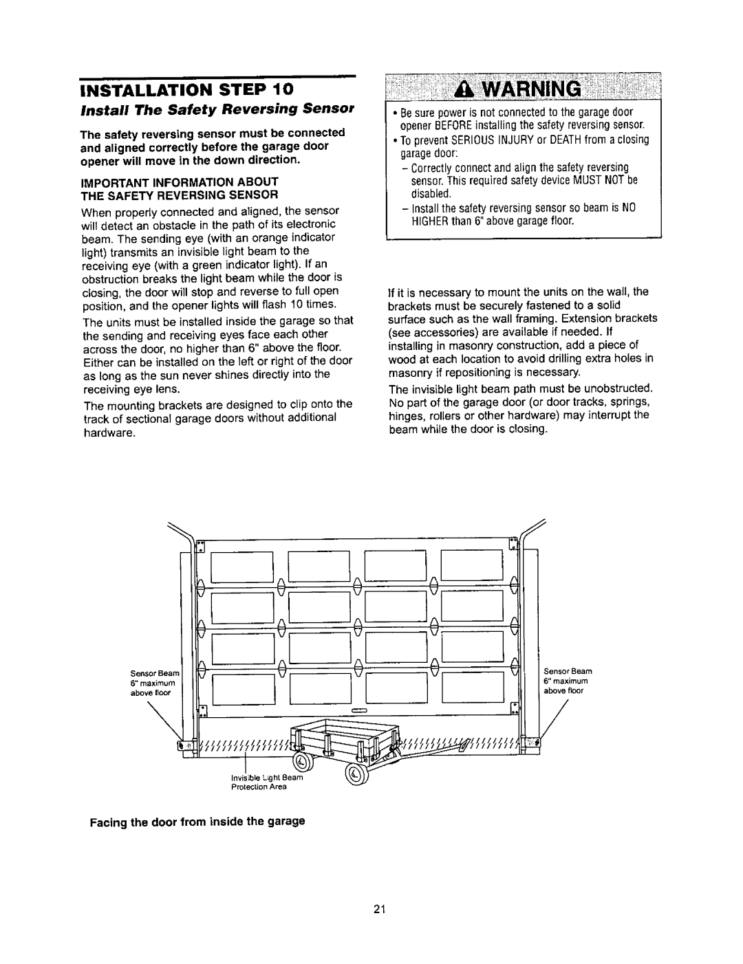 Sears 139.53960SRT Install The Safety Reversing Sensor, Important Information about Safety Reversing Sensor, Above floor 