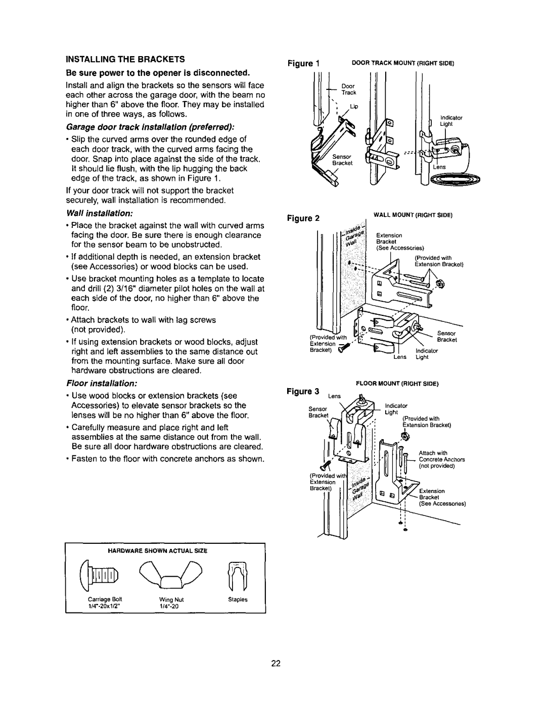 Sears 139.53968SRT, 139.53960SRT Installing the Brackets, Garage door track installation preferred, Wall installation 