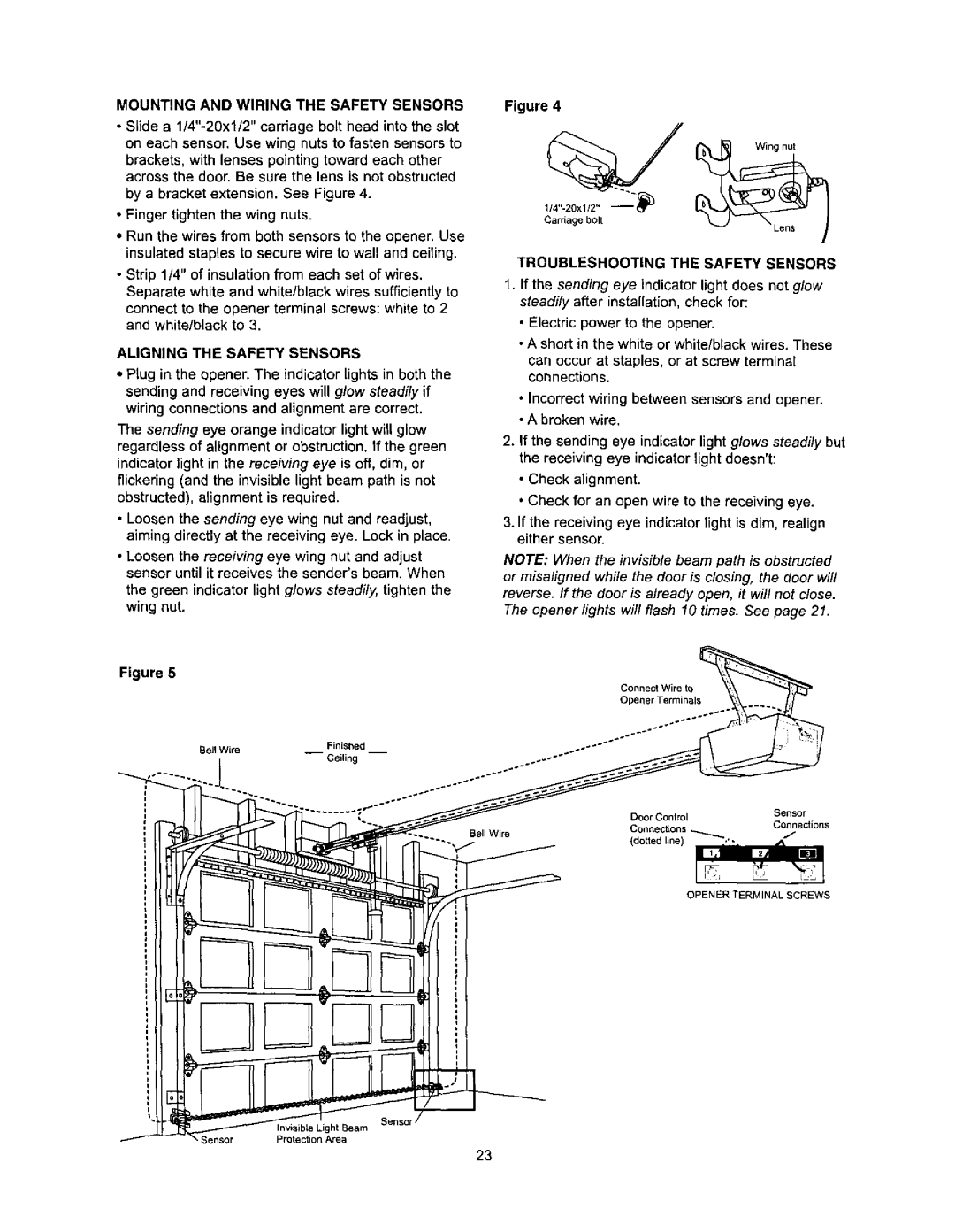 Sears 139.53971SRT Mounting and Wiring the Safety Sensors Figure, Aligning the Safety Sensors, Opener Terminal Screws 