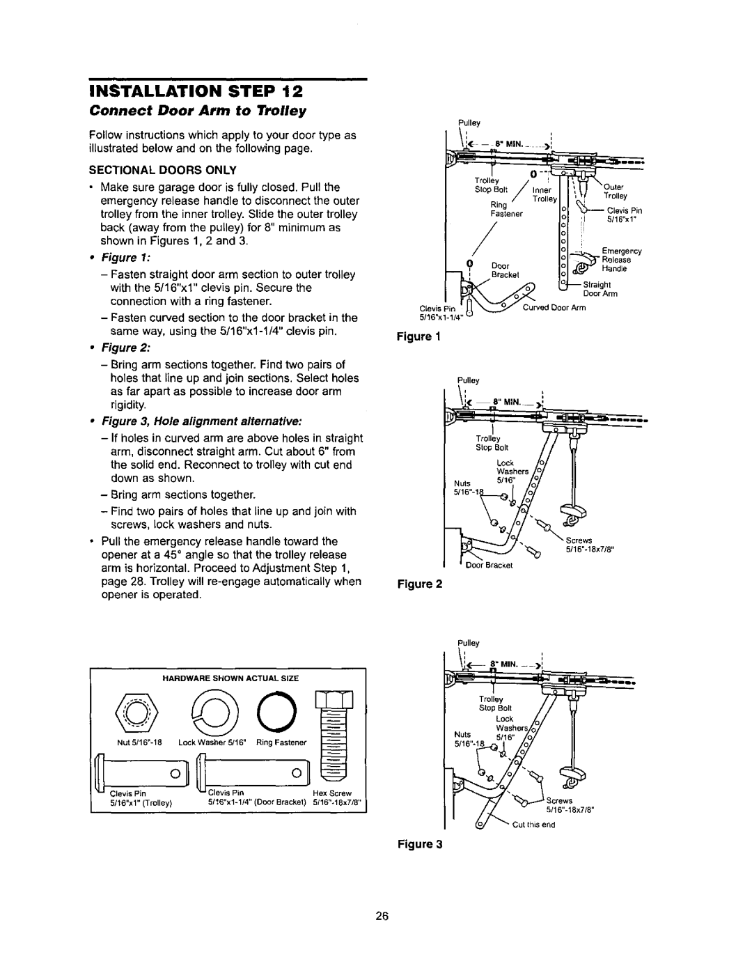 Sears 139.53971SRT, 139.53960SRT, 139.53968SRT owner manual Connect Door Arm to Trolley, Sectional Doors only 