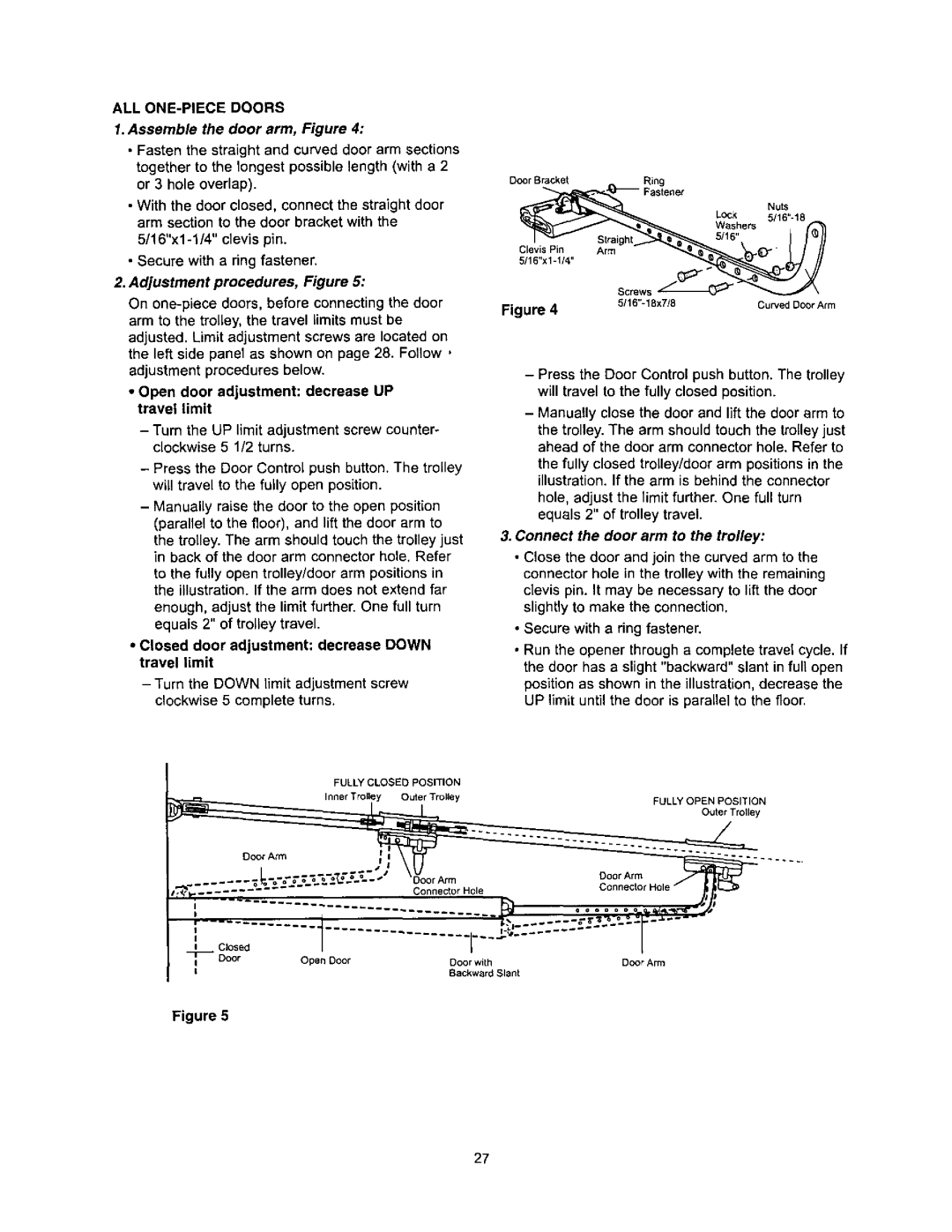 Sears 139.53960SRT, 139.53968SRT Assemble the door arm, Figure, Adjustment procedures, Figure, ALL ONE-PIECE Doors 