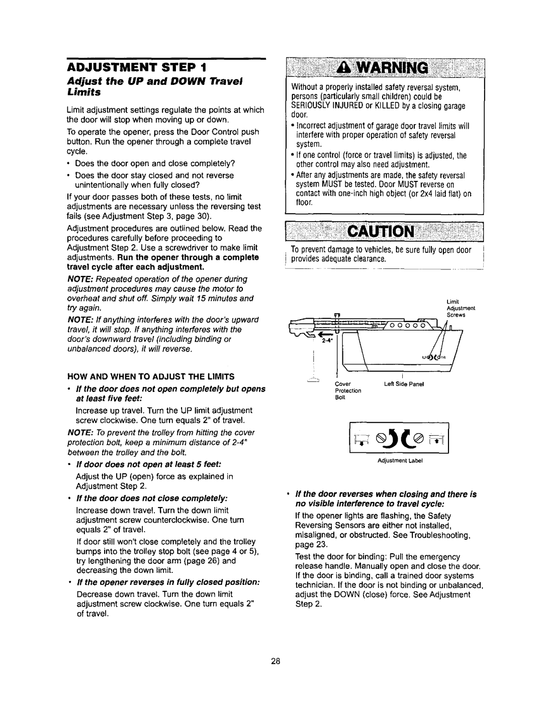 Sears 139.53968SRT, 139.53960SRT, 139.53971SRT Adjust the UP and Down Travel Limits, HOW and When to Adjust the Limits 