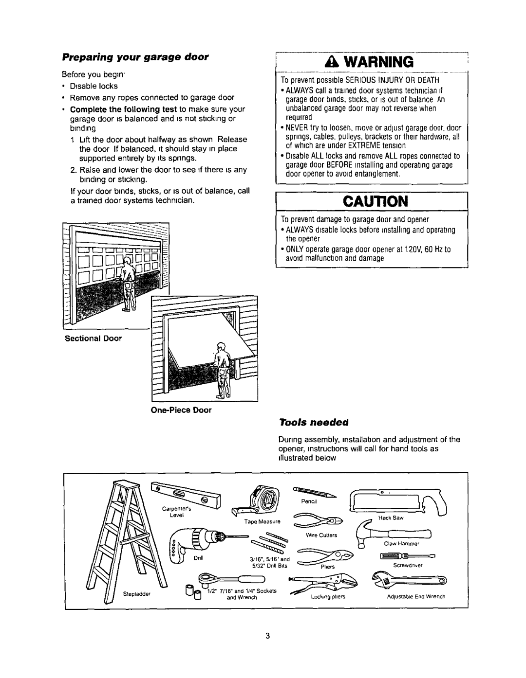 Sears 139.53960SRT, 139.53968SRT Preparing your garage door, Sectional Door One-Piece Door, Tools needed, Level Drill 