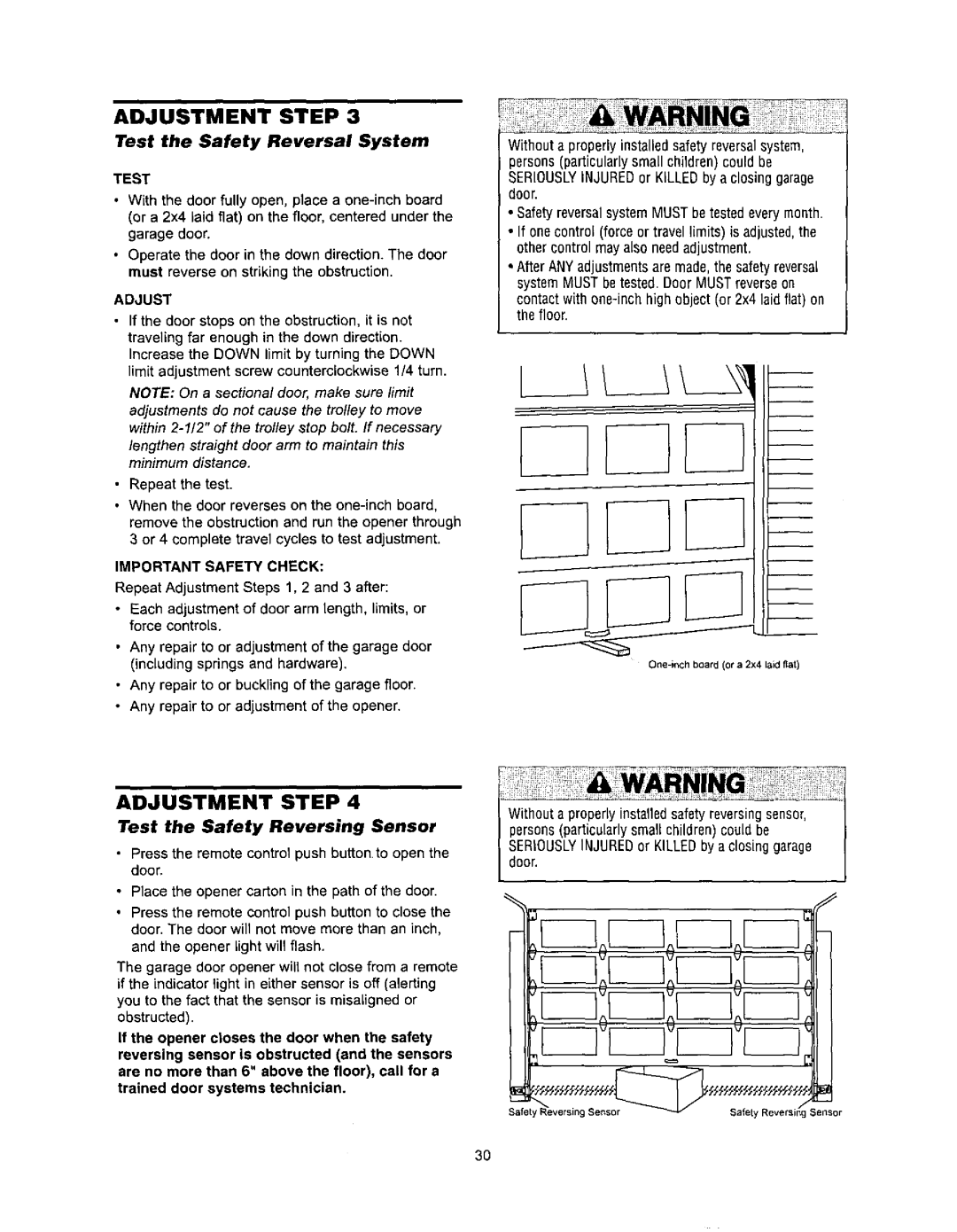 Sears 139.53960SRT Test the Safety Reversal System, Adjust, Important Safety Check, Test the Safety Reversing Sensor 