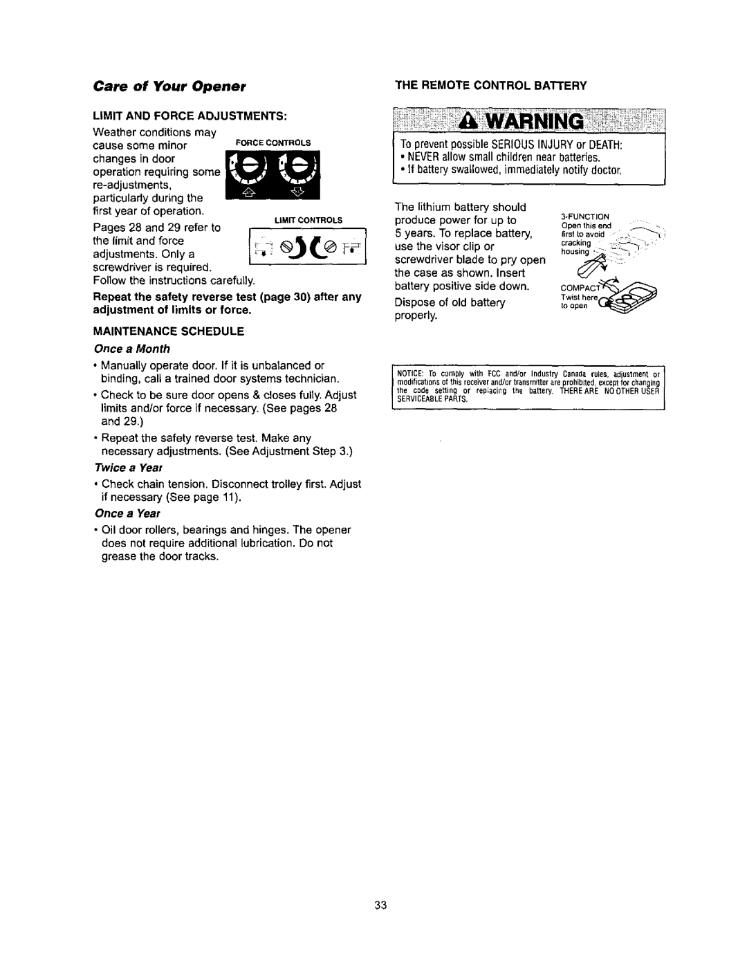 Sears 139.53960SRT, 139.53968SRT, 139.53971SRT owner manual Care Your Opener, Twice a Year, Once a Year 