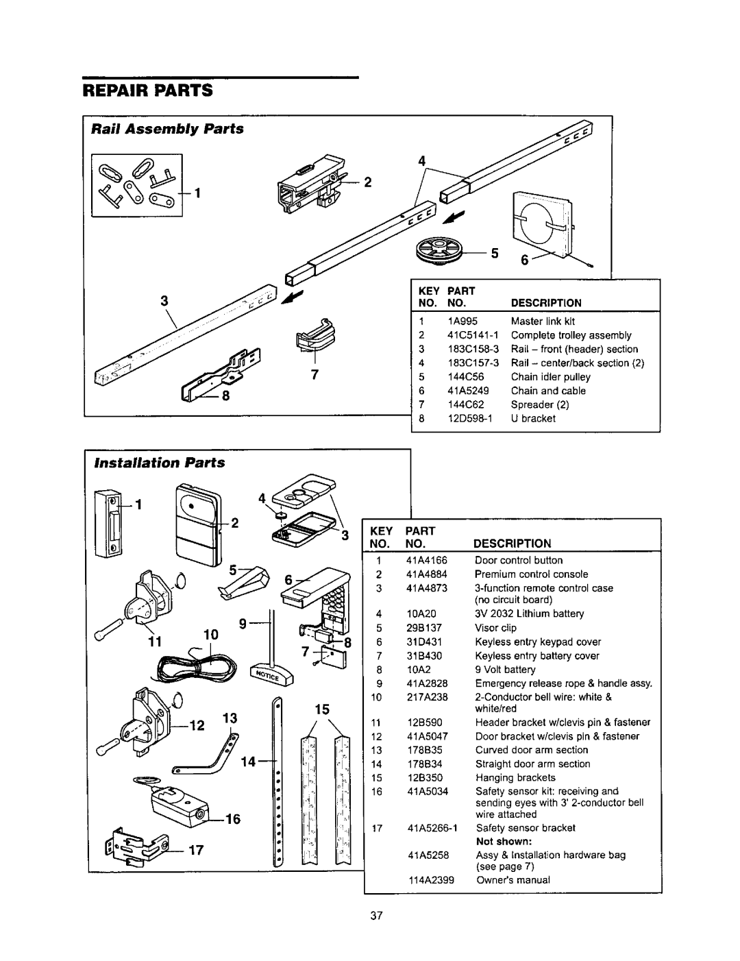 Sears 139.53968SRT owner manual Rail Assembly Parts, Installation Parts, KEY Part NO. NO.DESCRIPTION, KEY Part Description 