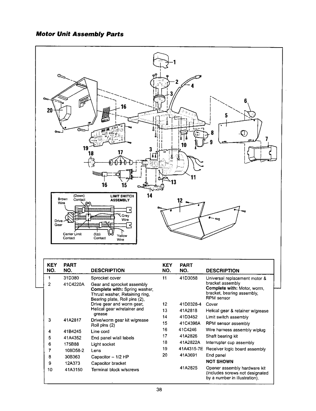 Sears 139.53971SRT, 139.53960SRT, 139.53968SRT owner manual Motor Unit Assembly Parts, 1817, Not Shown, Down, Limit Switch 