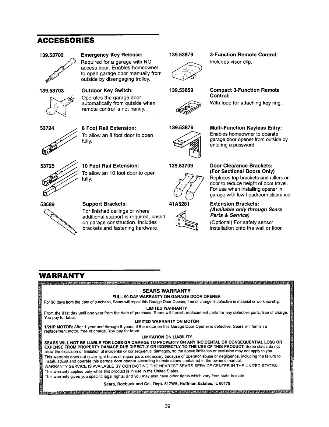 Sears 139.53960SRT, 139.53968SRT, 139.53971SRT owner manual Available only through Sears Parts & Service, Sears Warranty 