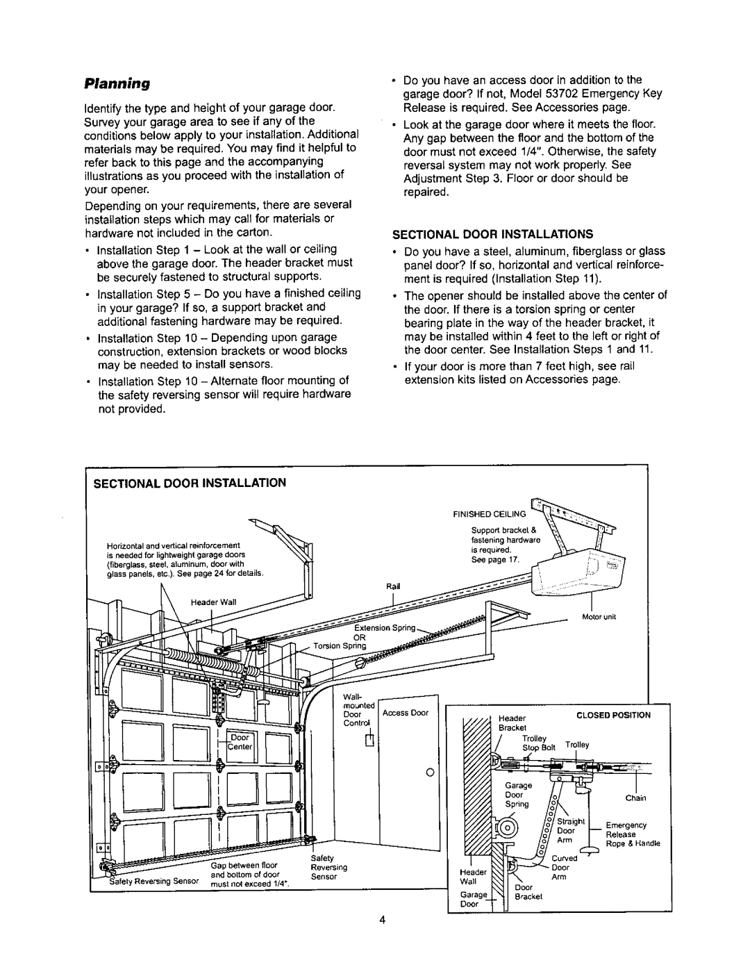 Sears 139.53968SRT, 139.53960SRT, 139.53971SRT owner manual Planning, Sectional Door Installations, Closed Position 