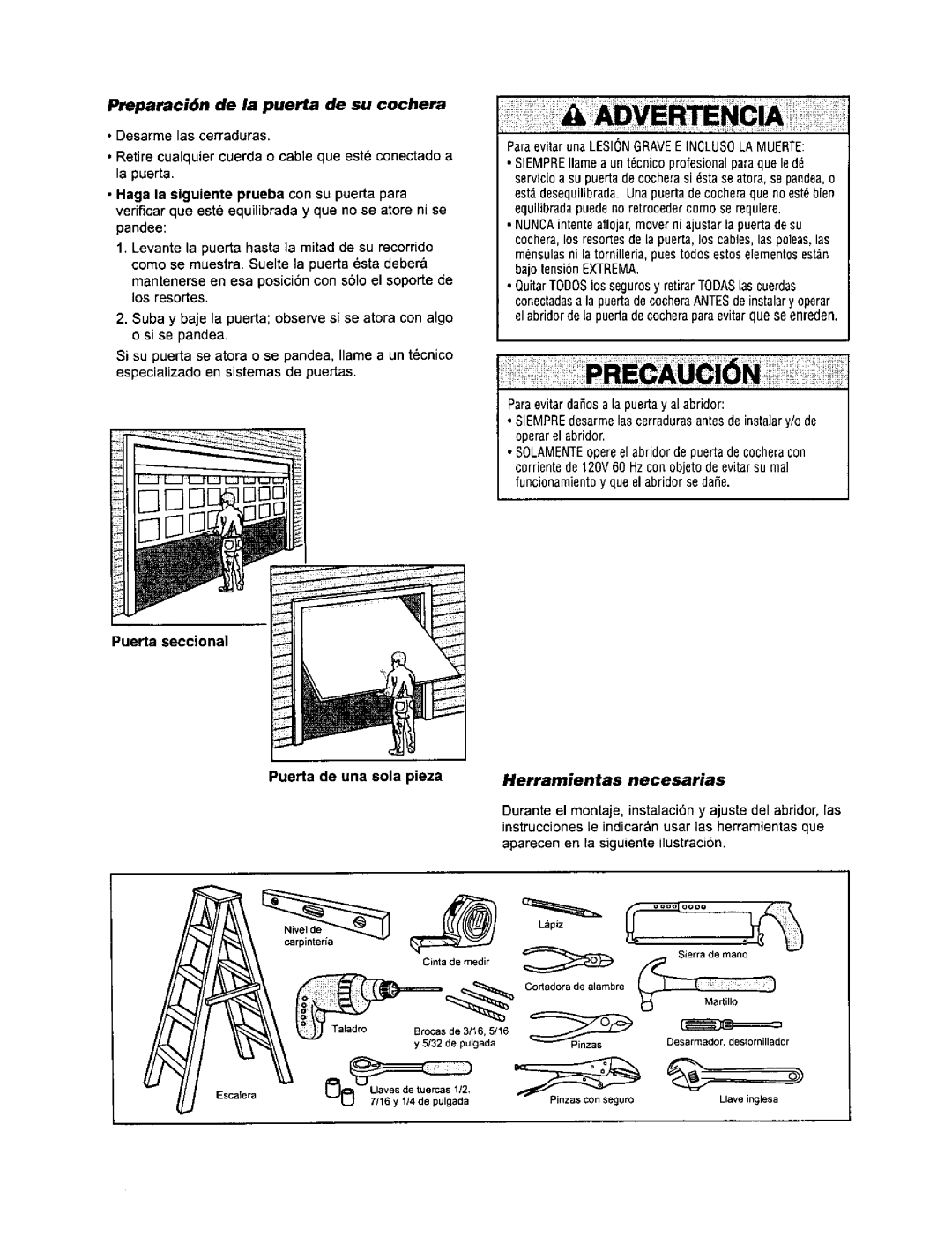 Sears 139.53971SRT Preparaci6n de la puerta de su cochera, Puerta seccional Puerta de una sola pieza, Herramientas 