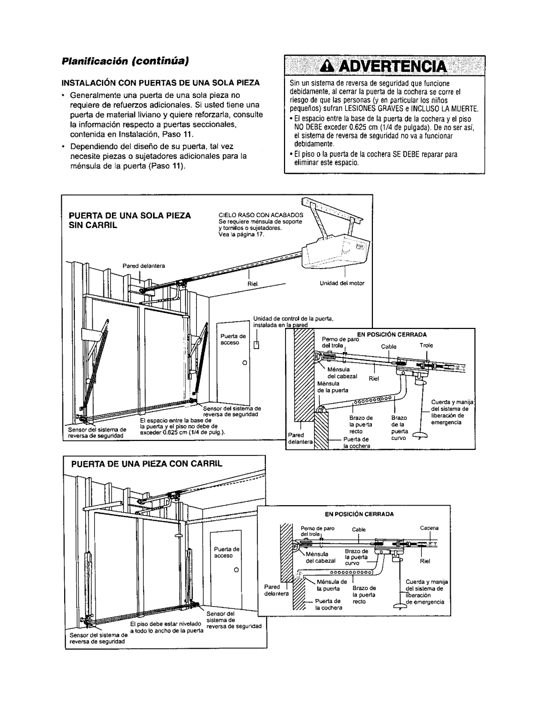 Sears 139.53968SRT Planificaci6n continba, Puerta DE UNA Sola Pieza SIN Carril, Instalacion CON Puertas DE UNA Sola Pieza 