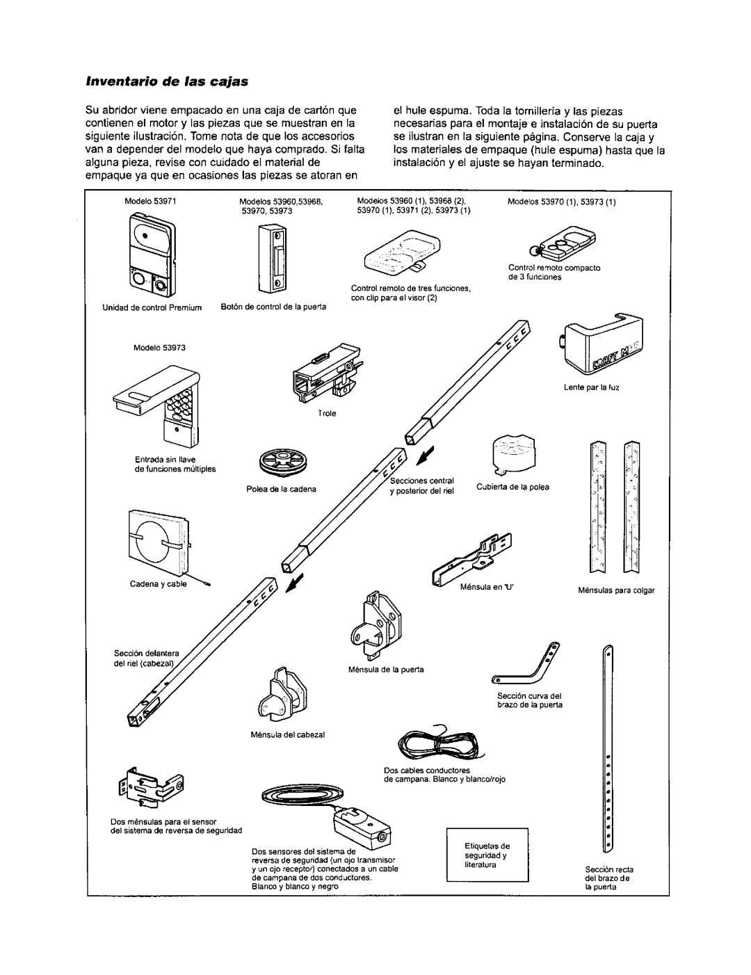 Sears 139.53971SRT Inventario de las cajas, 53970,5393, Entrada sin Ilave, Reversa de segurdadun ojo transmisor 