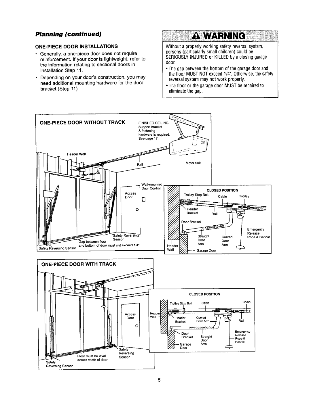 Sears 139.53971SRT ONE-PIECE Door Installations, ONE-PIECE Door Without Track, ONE-PIECE Door with Track, Finished Ceiling 