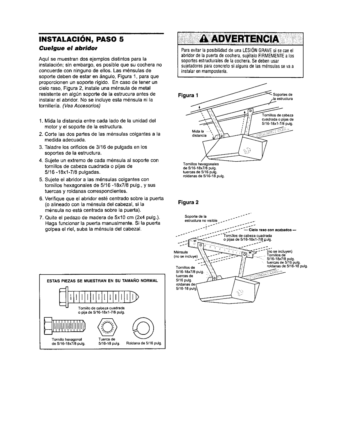 Sears 139.53968SRT, 139.53960SRT, 139.53971SRT owner manual Instalacion,Paso, Cuelgue el abridor, Fgura 