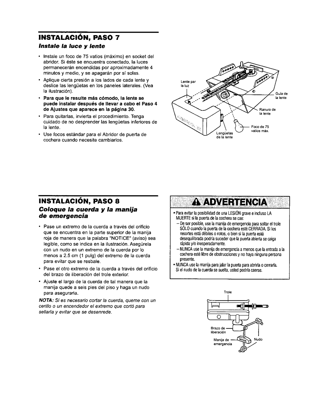 Sears 139.53960SRT, 139.53968SRT, 139.53971SRT Instale la luce y lente, Coloque la cuerda y la manija de emergencia 