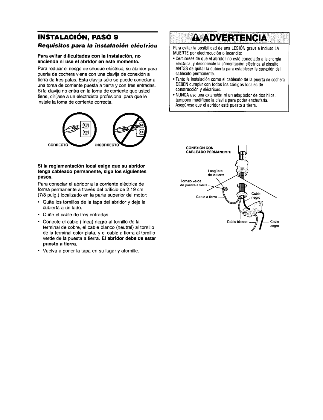 Sears 139.53968SRT INSTALACION, Paso, Requisitos para la instalaci6n elctrica, Conexioncon Cableado Permanente, Langeta 