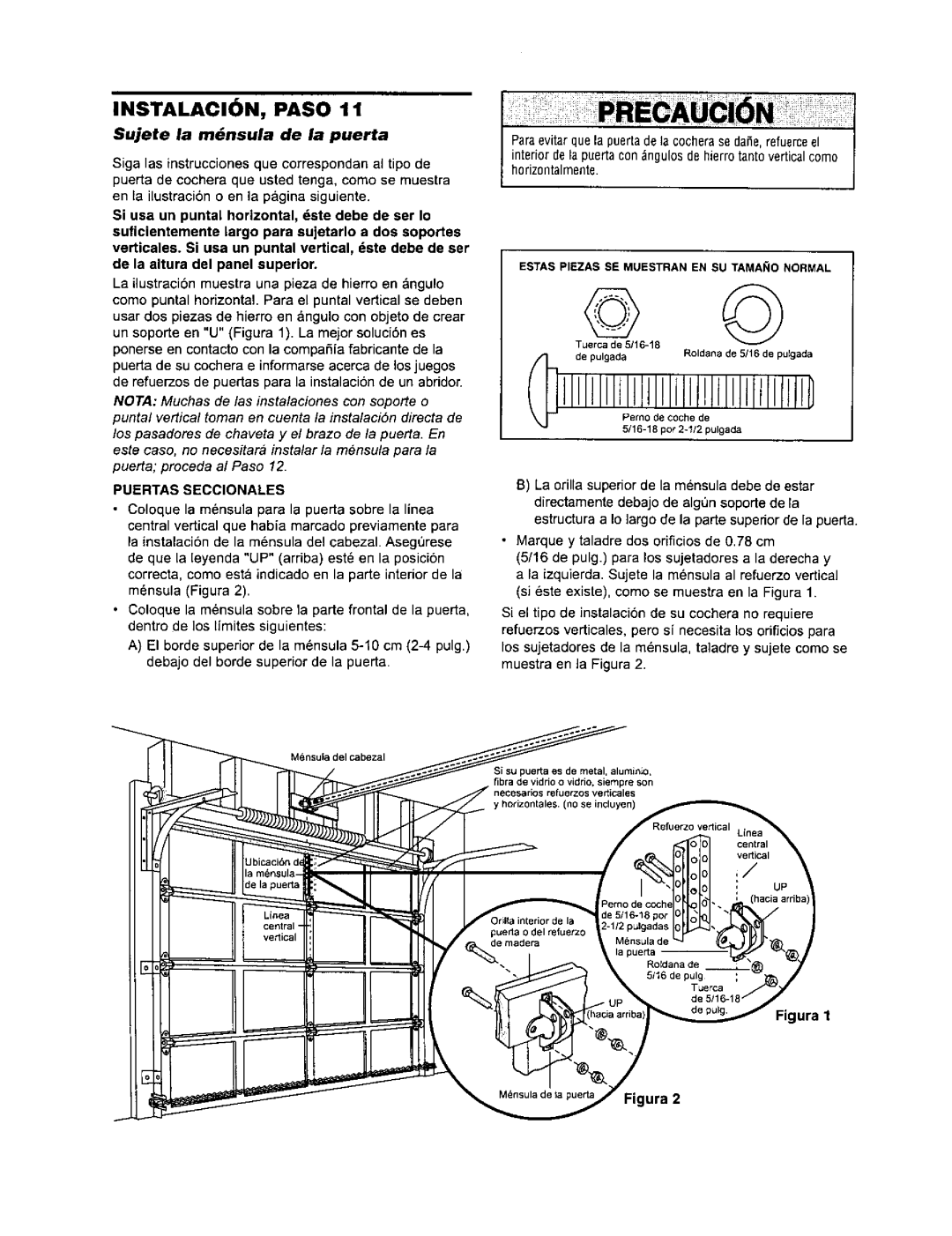 Sears 139.53971SRT owner manual Sujete la mnsula de la puerta, Ura, Puertas Seccionales, Si su puerta es de metal, aluminio 