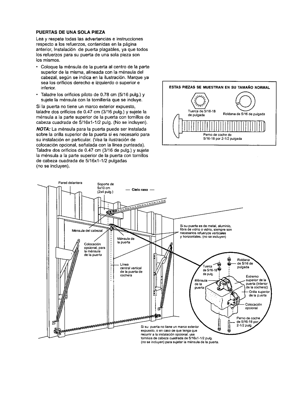 Sears 139.53960SRT, 139.53968SRT, 139.53971SRT Puertas DE UNA Sola Pieza, Cielo raso, De pulgadaRoldana de 5/16 de pulgada 