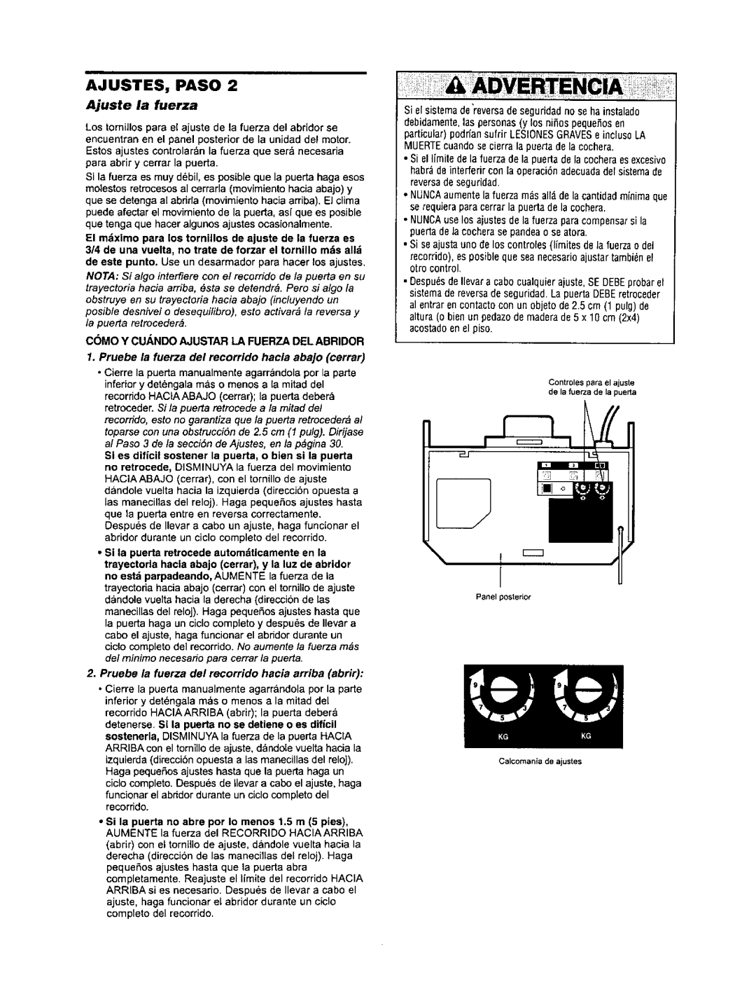 Sears 139.53968SRT, 139.53960SRT owner manual Ajuste la fuerza, Como Y Cuando Ajustar LA Fuerza DEL Abridor, Panel posterior 