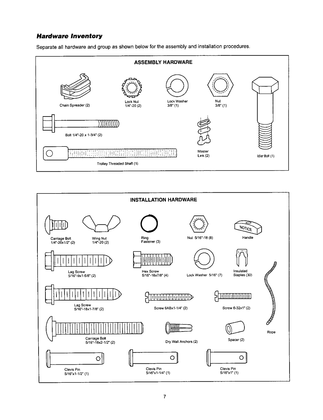 Sears 139.53968SRT, 139.53960SRT, 139.53971SRT owner manual Hardware Inventory, Assembly Hardware, Installation Hardware 