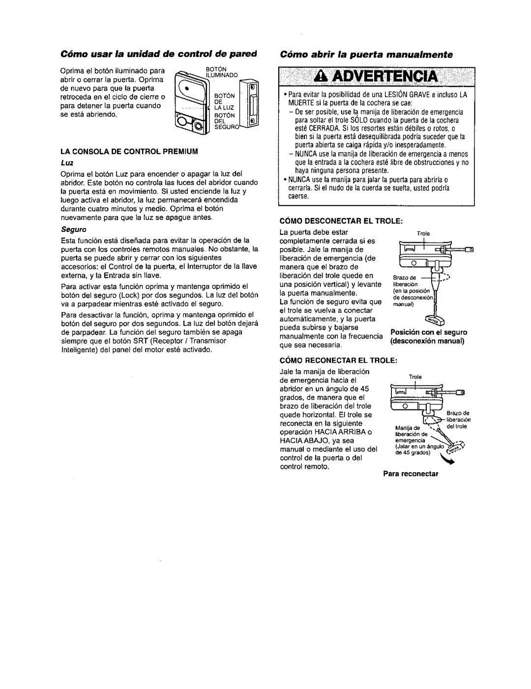 Sears 139.53968SRT, 139.53960SRT C6mo usar la unidad de control de pared, Cdmo abrir la puerta manualmente, Seguro 