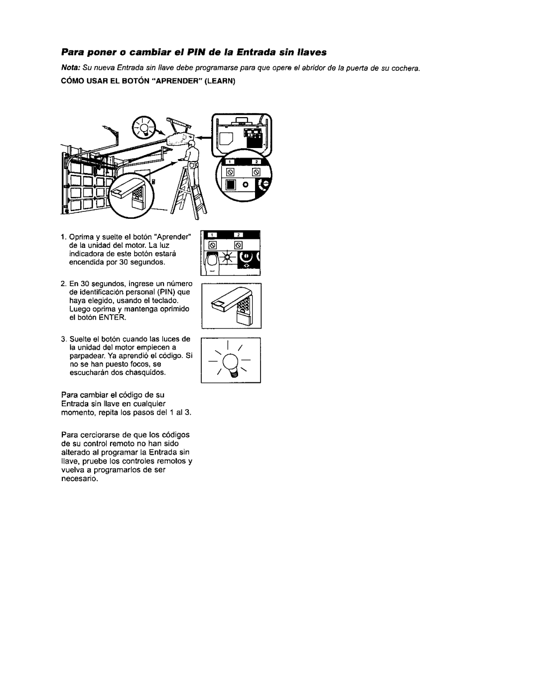 Sears 139.53971SRT, 139.53960SRT, 139.53968SRT owner manual Para poner o cambiar el PIN de la Entrada sin Ilaves 